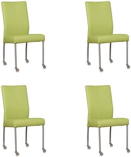 Leren eetkamerstoel Comfort - met wieltjes - set van 4 stoelen - Toledo Leer Lime - Vorm poot rond - Kleur poot, RVS - Skate wiel transparant