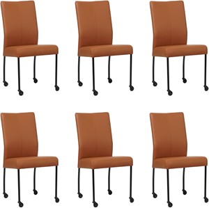 Set van 6 Cognac leren moderne eetkamerstoelen Comfort - poot rond zwart met wiel - Toledo Leer Natur (cognac leer)
