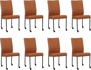 Set van 8 Cognac leren moderne eetkamerstoelen Comfort - poot rond zwart met wiel - Toledo Leer Natur (cognac leer)
