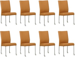 Set van 8 Lichtcognac leren moderne eetkamerstoelen Comfort - poot rond rvs met wiel - Toledo Leer Sabbia (lichtcognac leer)