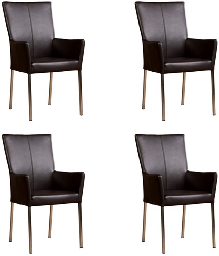 Leren eetkamerstoel Daily - met armleuning - set van 4 stoelen - Granada leer Ebony - Kleur poot, RVS