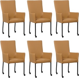 Set van 6 Bruine leren moderne eetkamerstoelen Deal - met armleuning poot vierkant zwart met wiel - Toledo Leer Camel (bruin leer)