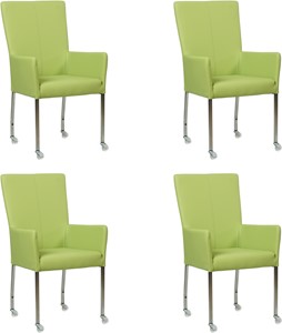 Set van 4 Felgroene leren moderne eetkamerstoelen Deal - met armleuning poot vierkant rvs met wiel - Toledo Leer Lime (felgroen leer)