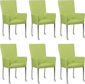 Set van 6 Felgroene leren moderne eetkamerstoelen Deal - met armleuning poot vierkant rvs met wiel - Toledo Leer Lime (felgroen leer)