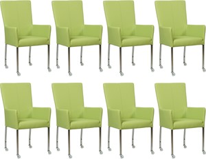 Set van 8 Felgroene leren moderne eetkamerstoelen Deal - met armleuning poot vierkant rvs met wiel - Toledo Leer Lime (felgroen leer)