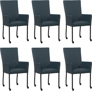 Set van 6 Blauwe leren moderne eetkamerstoelen Deal - met armleuning poot vierkant zwart met wiel - Toledo Leer Marine (blauw leer)