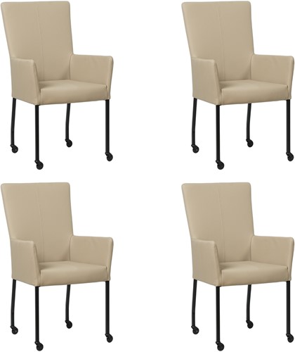 Leren eetkamerstoel Deal - met wieltjes en armleuning - set van 4 stoelen - Toledo Leer Mastic - Vorm poot vierkant - Kleur poot, zwart - Skate wiel zwart