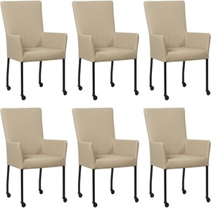 Set van 6 Taupe leren moderne eetkamerstoelen Deal - met armleuning poot vierkant zwart met wiel - Toledo Leer Mastic (taupe leer)