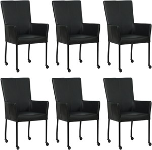 Set van 6 Zwarte leren moderne eetkamerstoelen Deal - met armleuning poot vierkant zwart met wiel - Toledo Leer Nero (zwart leer)