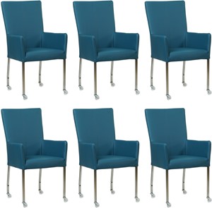 Set van 6 Blauwe leren moderne eetkamerstoelen Deal - met armleuning poot vierkant rvs met wiel - Toledo Leer Turquoise (blauw leer)