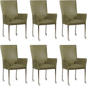 Set van 6 Olijfgroene leren moderne eetkamerstoelen Deal - met armleuning poot vierkant rvs met wiel - Vintage Leer Olive (olijfgroen leer)