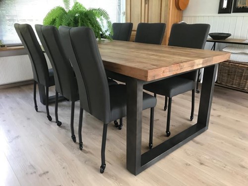 Set van 6 leren eetkamerstoelen met wieltjes en hoge rug - grijs leer