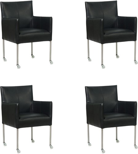 Leren eetkamerstoel Desire - met wieltjes - set van 4 stoelen - Granada leer Black - Kleur poot, RVS - Skate wiel transparant