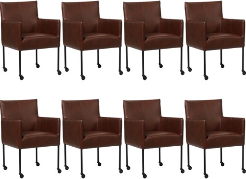 Leren eetkamerstoel Desire - met wieltjes - set van 8 stoelen - Granada leer Cognac - Kleur poot, zwart - Skate wiel zwart
