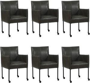 Set van 6 Donkergrijze leren moderne kuipstoel Desire - poot rond zwart met wiel - Granada leer Graphite (donkergrijs leer)
