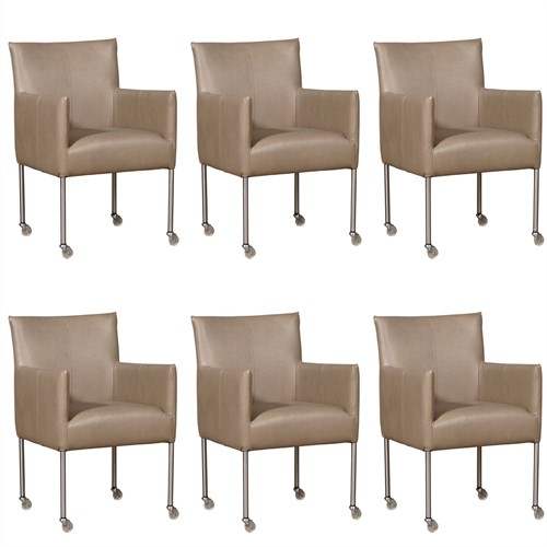 Leren eetkamerstoel Desire - met wieltjes - set van 6 stoelen - Granada leer Taupe - Kleur poot, RVS - Skate wiel transparant