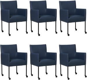 Set van 6 Blauwe leren moderne kuipstoel Desire - poot rond zwart met wiel - Hermes Leer Kobalt (blauw leer)
