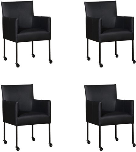 Leren eetkamerstoel Desire - met wieltjes - set van 4 stoelen - Toledo Leer Nero - Kleur poot, zwart - Skate wiel zwart