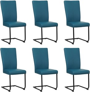 Set van 6 Blauwe leren industriële eetkamerstoelen Dry - poot rond zwart - Toledo Leer Turquoise (blauw leer)