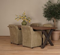 Set van 4 leren eetkamerfauteuil Mass - Kenia Leer Olive - Met handgreep Zwart