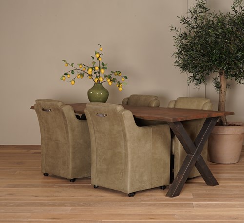 Set van 4 leren eetkamerfauteuil Mass - Kenia Leer Olive - Met handgreep Zwart
