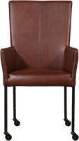 Leren eetkamerstoel Deal - met wieltjes en armleuning - Granada leer Cognac - Poot Zwart - Skate wiel zwart-2
