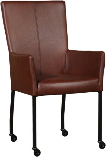 Leren eetkamerstoel Deal - met wieltjes en armleuning - Granada leer Cognac - Poot Zwart - Skate wiel zwart