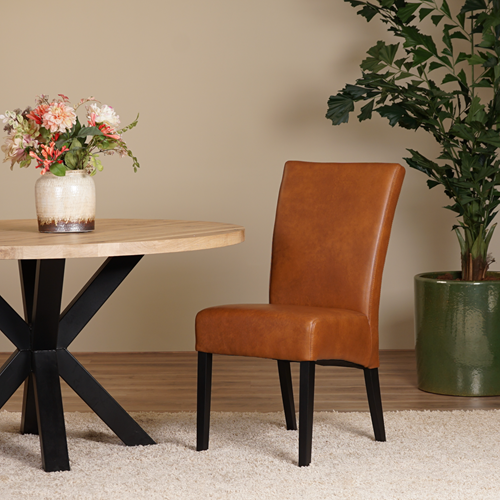Set van 4 Cognac leren eetkamerstoelen Just met houten poten - Granada leer Savannah