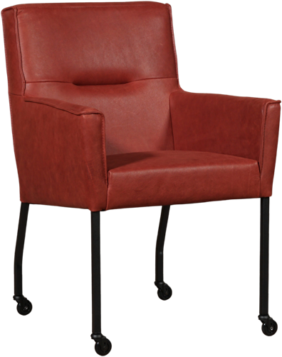 Leren eetkamerstoel Lucky - met wieltjes en armleuning - Vintage Leer Burgundy - Kleur poot, zwart - Skate wiel zwart