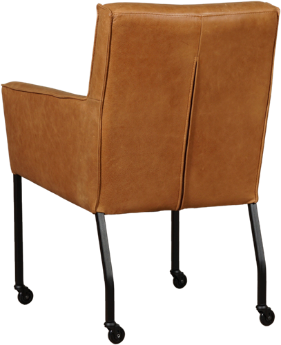 Leren eetkamerstoel Lucky - met wieltjes en armleuning - Vintage Leer Cognac - Kleur poot, zwart - Skate wiel zwart-3