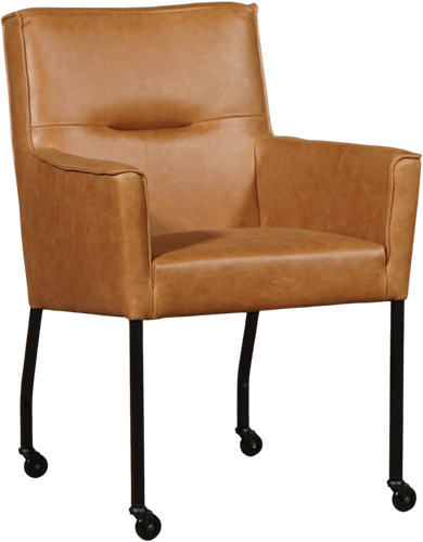 Leren eetkamerstoel Lucky - met wieltjes en armleuning - Vintage Leer Cognac - Kleur poot, zwart - Skate wiel zwart
