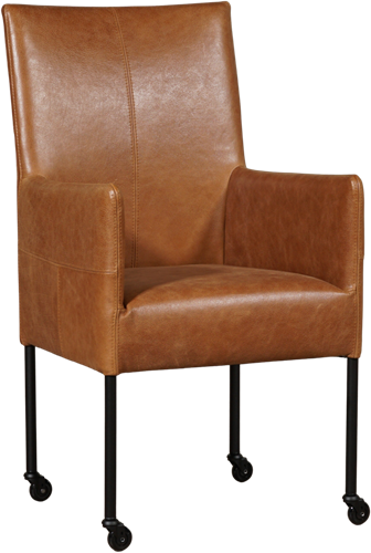 Leren eetkamerstoel Spark - met wieltjes en armleuning - Vintage Leer Cognac - Poot - Zwart - Skate wiel zwart