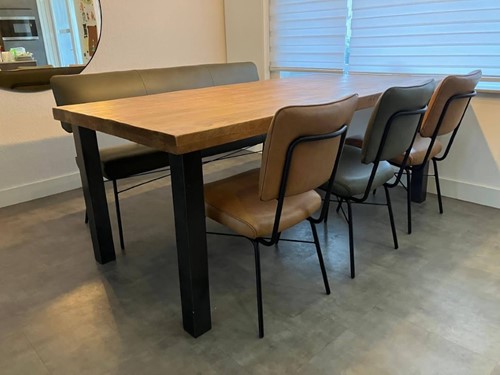 Set van 3 leren eetkamerstoelen en een leren eetkamerbank - twee kleuren leer