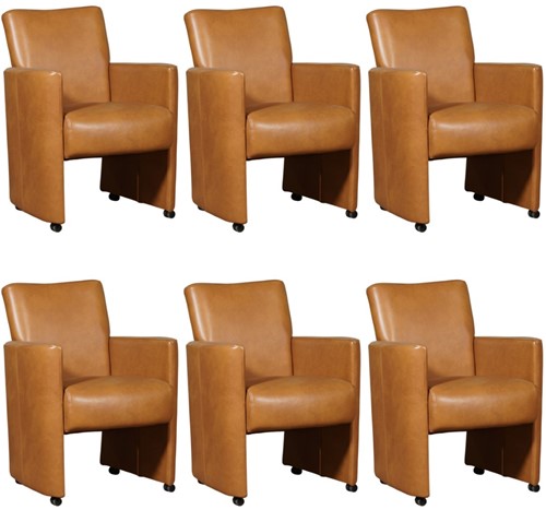 Leren eetkamerfauteuil Elegant met armleuning en wieltjes - set van 6 stoelen - Granada leer Sahara - Met handgreep - Zwart