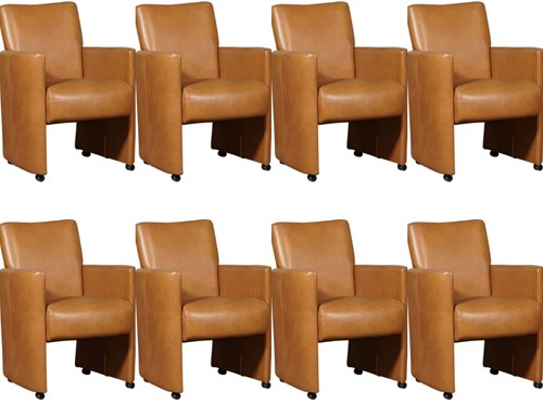 Leren eetkamerfauteuil Elegant met armleuning en wieltjes - set van 8 stoelen - Granada leer Sahara - Met handgreep - Zwart