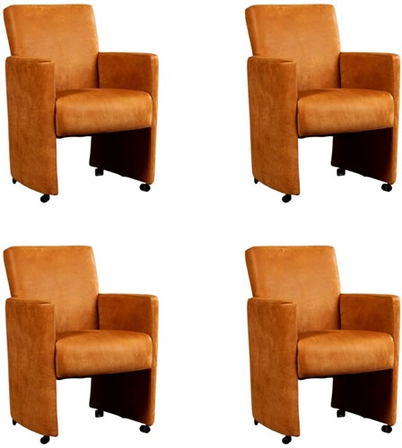 Leren eetkamerfauteuil Elegant met armleuning en wieltjes - set van 4 stoelen - Kenia Leer Cognac - Met handgreep - Zwart