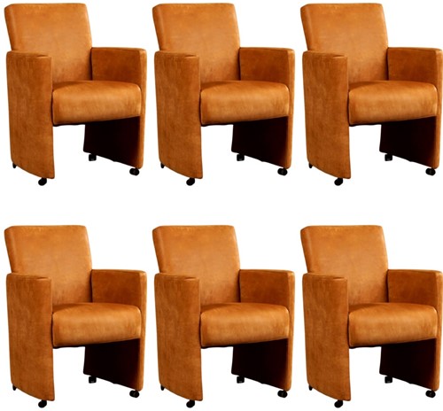 Leren eetkamerfauteuil Elegant met armleuning en wieltjes - set van 6 stoelen - Kenia Leer Cognac - Met handgreep - Zwart