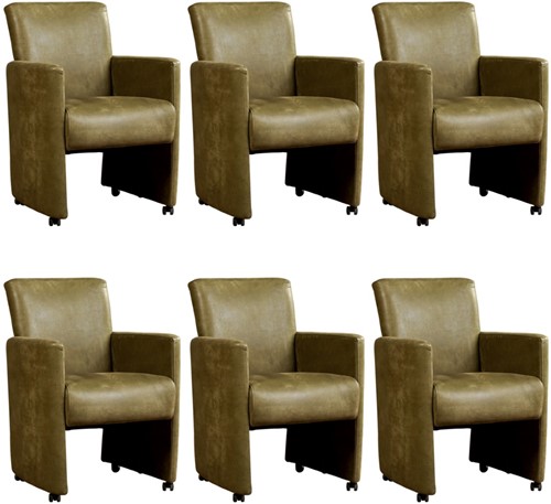 Leren eetkamerfauteuil Elegant met armleuning en wieltjes - set van 6 stoelen - Kenia Leer Olive - Met handgreep - Zwart