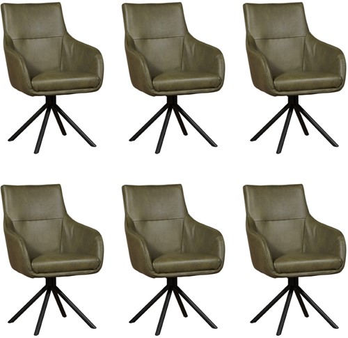 Leren eetkamerstoel Fancy - Draaibaar - Automatisch terug naar beginstand - set van 6 stoelen - Granada leer Moss