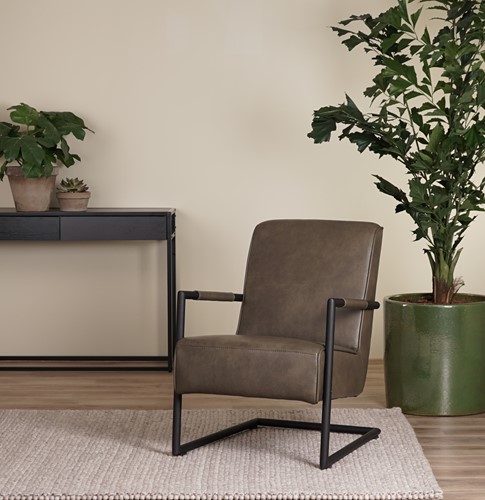 Grijze leren industriële stalen fauteuil Lodge - Granada leer Ash (grijs leer)