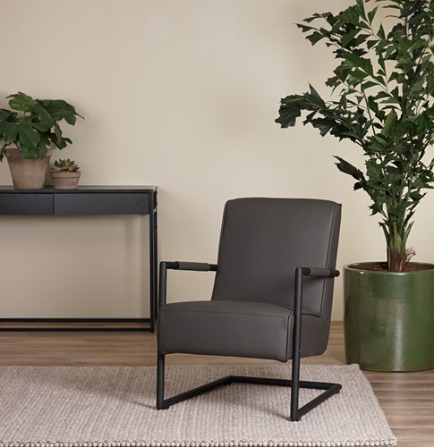 Donkergrijze leren industriële stalen fauteuil Lodge - Toledo Leer Antracite (donkergrijs leer)