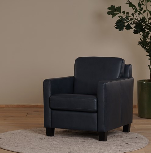 Blauwe leren landelijke fauteuil Smart - poot hout zwart - Granada leer Blue (blauw leer)