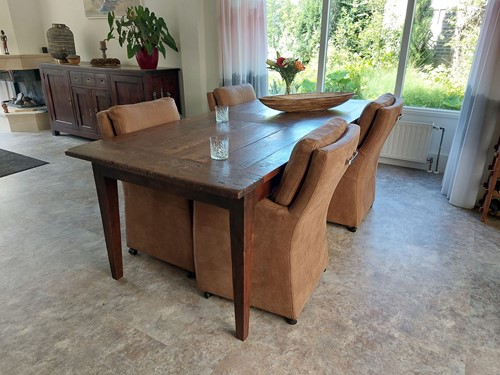 Set van 4 leren eetkamerfauteuils - met armleuning en wieltjes - bruin leer