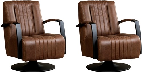 Leren industriële draaifauteuil Galaxy - set van 2 fauteuils - Vintage Leer Brown - Frame zwart - Schotelvoet zwart