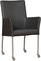 Leren eetkamerstoel Comfort - met wieltjes en armleuning - Hermes Leer Antracite - Poot - Rond - RVS - Skate wiel transparant