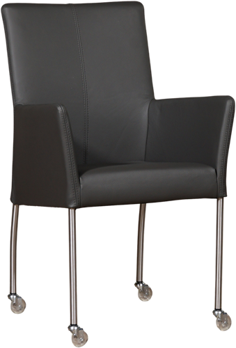 Leren eetkamerstoel Comfort - met wieltjes en armleuning - Hermes Leer Antracite - Poot - Rond - RVS - Skate wiel transparant