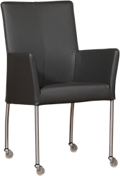 Leren eetkamerstoel Comfort - met wieltjes en armleuning - Toledo Leer Antracite - Poot - Rond - RVS - Skate wiel transparant