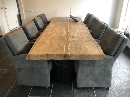Set van 8 leren eetkamerfauteuils - met armleuning en wieltjes - grijs leer