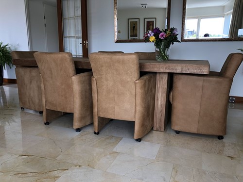 Set van 6 leren eetkamerfauteuils - met armleuning en wieltjes - bruin leer
