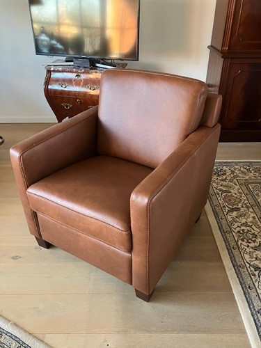 Leren fauteuil met houten poten - cognac kleur leer